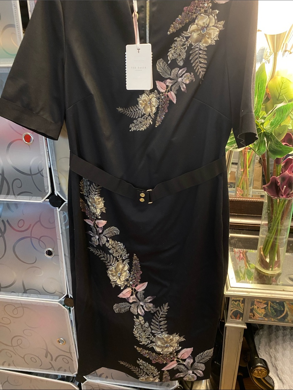 NWT, Ted Baker Black Midi Dress with Pink and Gold Floral Embroidery - Picture 4 of 6